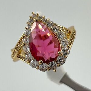 Exquisite Pear Cut Red Ruby Diamond CZ Gold Plated Statement Ring